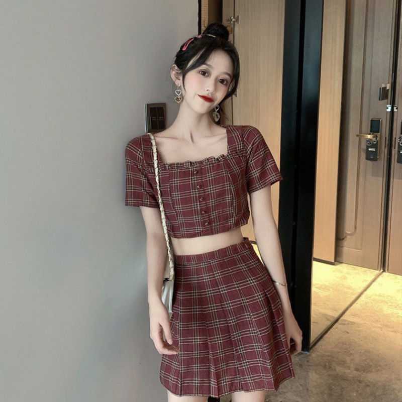 Bộ Áo Croptop + Chân Váy Ngắn Xếp Ly Họa Tiết Sọc Caro Phong Cách Hong Kong Thời Trang Mùa Hè Mới Cho Nữ 2021