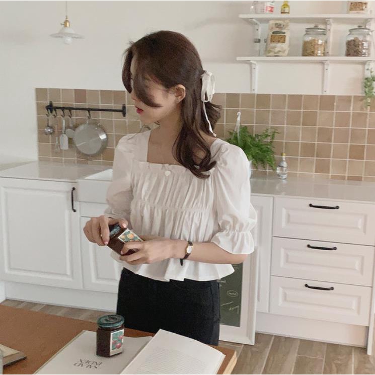 Áo Sơ Mi Tay Ngắn Cổ Vuông Màu Trơn Thời Trang Cho Nữ