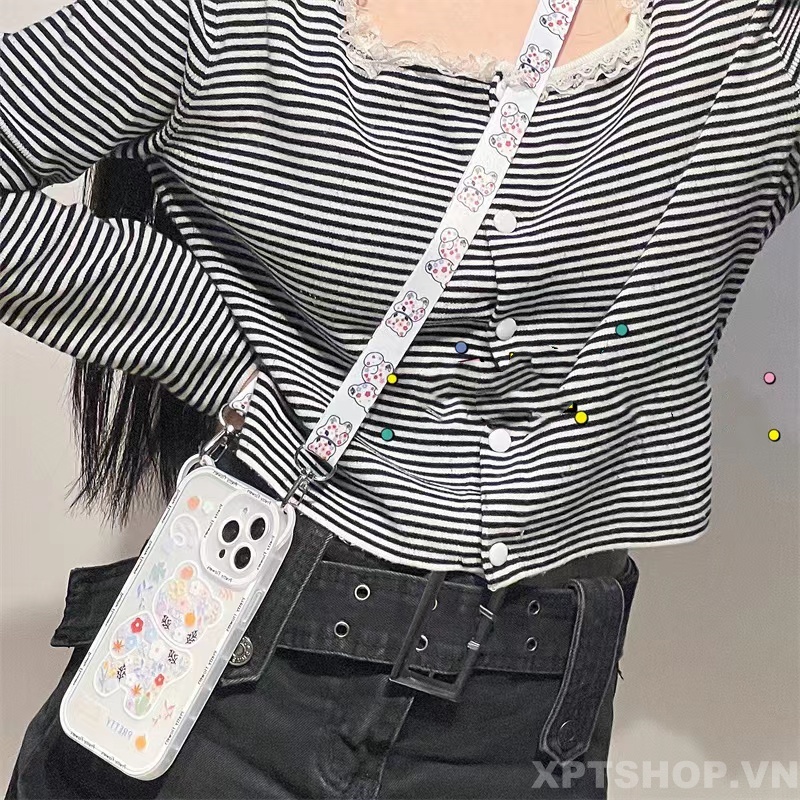Ốp Điện Thoại Silicon Mềm Chống Sốc Hình Gấu Ngồi Và Hoa Có Dây Đeo Cho iPhone14 Pro Max 13 Pro Max 12 Pro Max 11 Pro Max