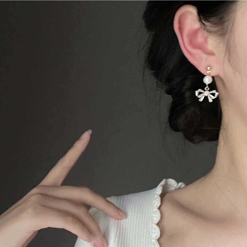 Bông Tai Hình Nơ Đính Ngọc Trai Thời Trang Dành Cho Nữ