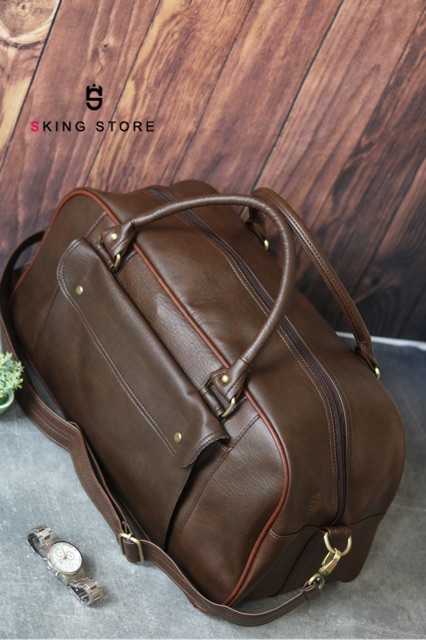 Túi du lịch size lớn màu nâu chứa hơn 10 bộ quần áo