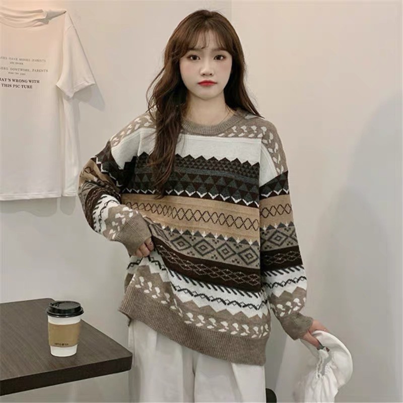 [SỈ SLL] Áo Len Nữ Dáng Thụng Họa Tiết Thổ Cẩm 3 Màu Cực Hàn Quốc Cao Cấp- Quảng Châu