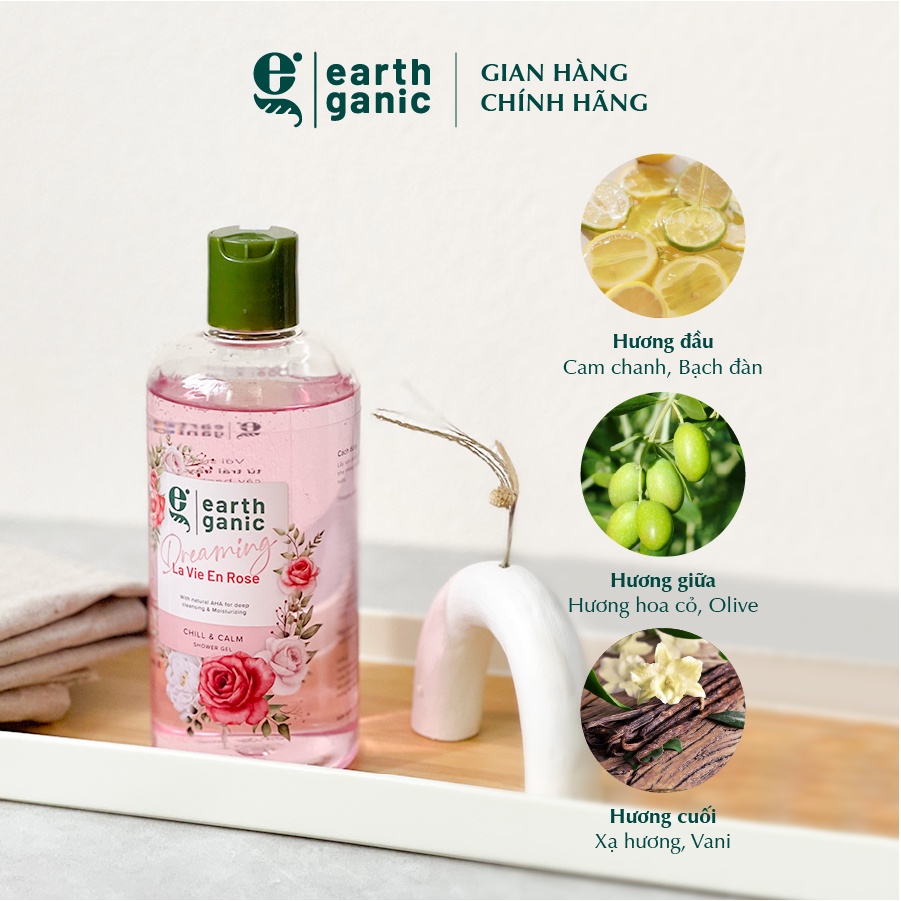 Combo 2 Sữa Tắm Dưỡng Ẩm Làm Sạch Sâu Hương Ô Liu + Hoa Hồng Earthganic 500ml/1 Chai