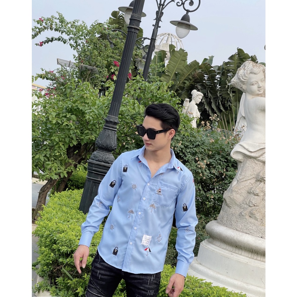 Sơ Mi Thom Browne LAM'S STORE thêu hình họa tiết xanh ,trắng ,chất vải gai cao cấp thoáng mat thấm hút mồ hôi