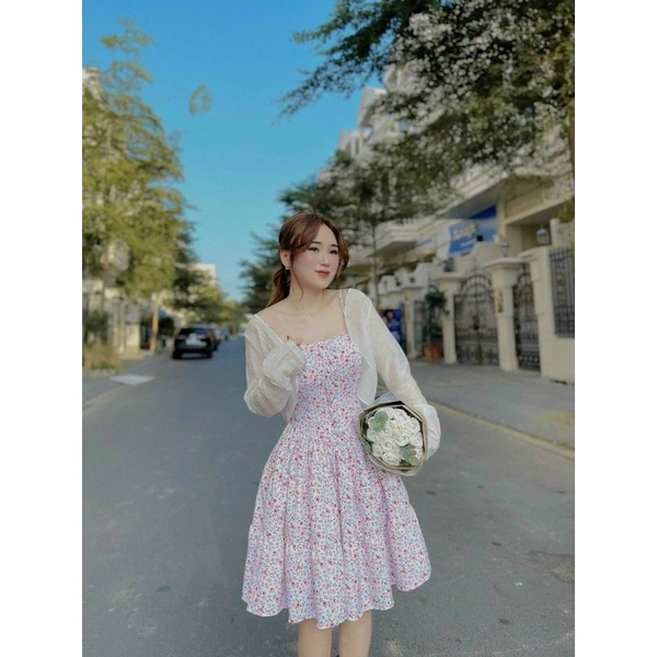 SET ĐẦM HOA 2 DÂY KÈM KHOÁC TRẮNG