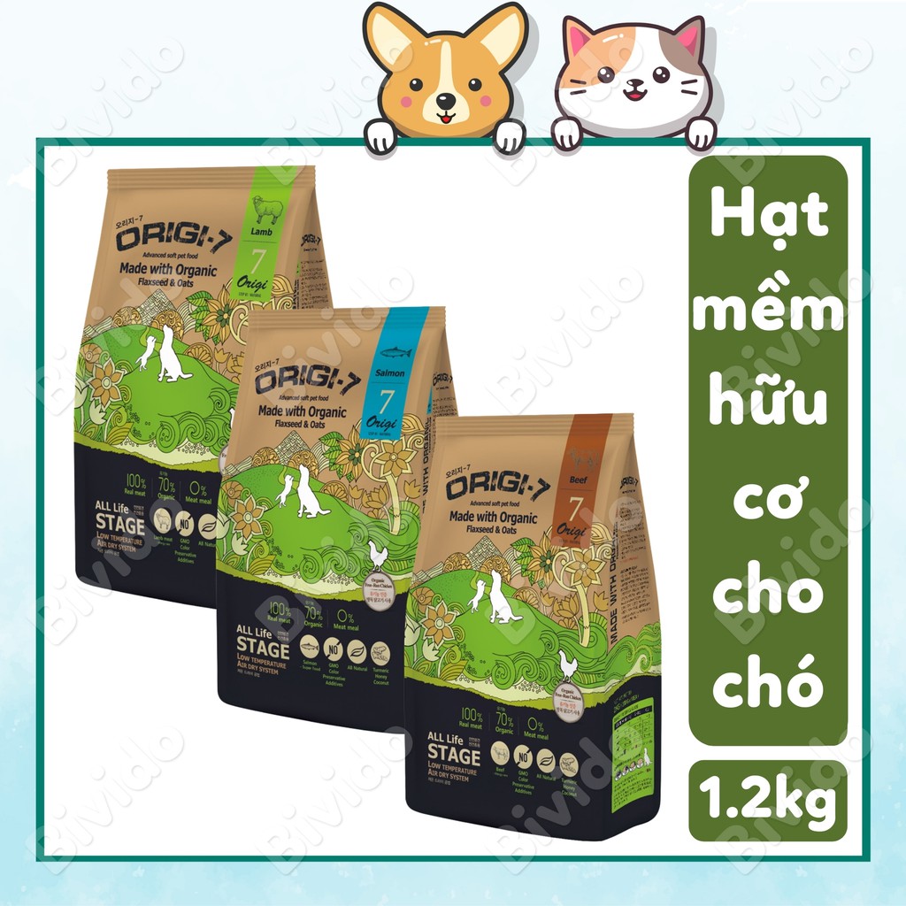 Thức ăn hạt mềm chó lớn chó con Origi-7 vị cá hồi, bò, cừu túi 1.2kg - Bivido