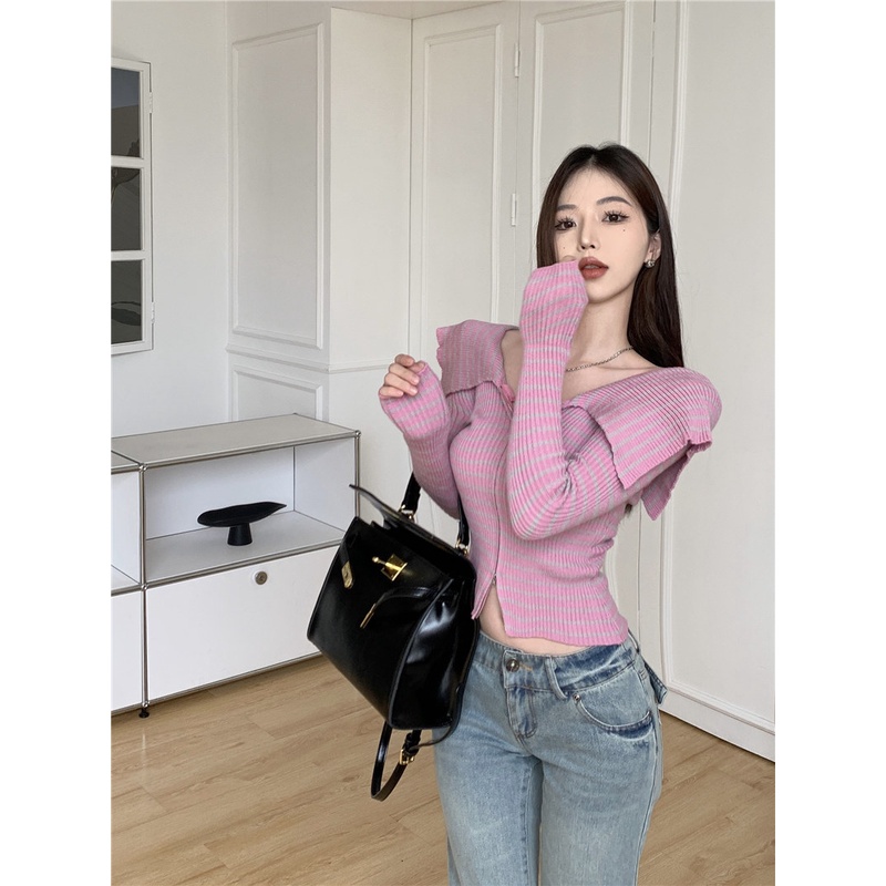 Áo sweater dệt kim tay dài dáng ôm màu tương phản có khóa kéo thời trang Hàn Quốc gợi cảm cho nữ