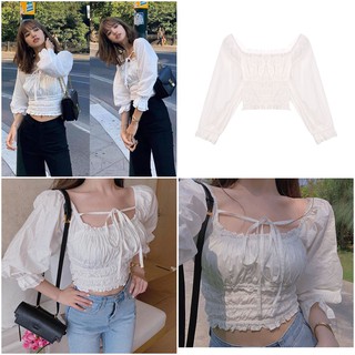 ÁO CROPTOP CỔ VUÔNG TAY DÀI TRẮNG LISA (ảnh thật 100%)