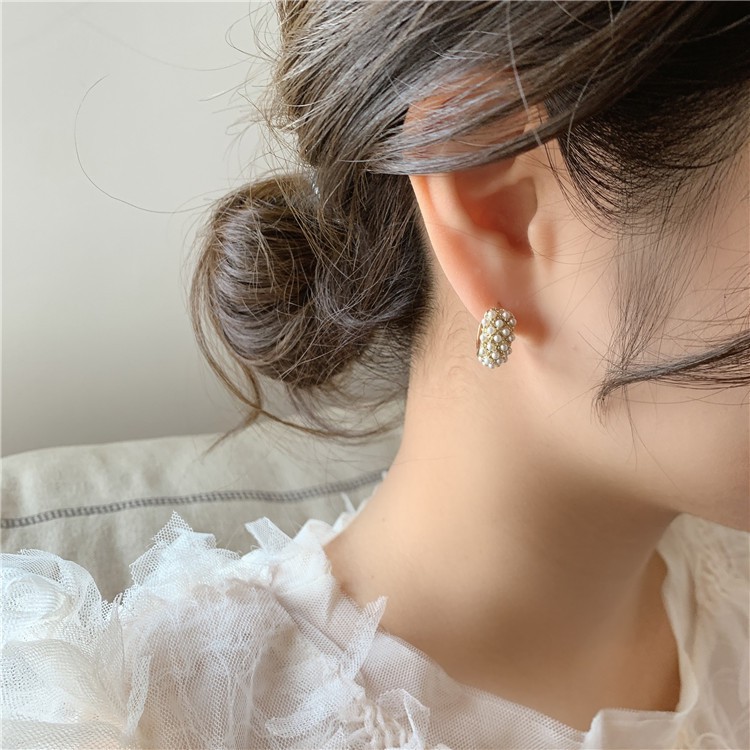 Bông Tai Ngọc Trai Hình Chữ C Phong Cách vintage Hàn Quốc