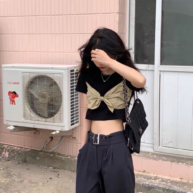 Áo Croptop Kiểu Tôn Dáng Đỉnh KaoCó Nơ Màu Vàng Cá Tính Cho Nữ