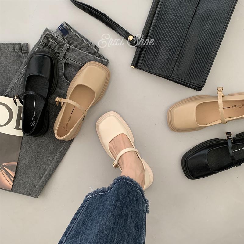 Oeggeo shop Giày Gót Thấp Mũi Vuông Có Khóa Cài Cho Nữ