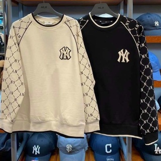 Áo thun nỉ cotton ML.B unisex xuất Âu xịn cổ tròn tay dài in chữ NY màu be, đen