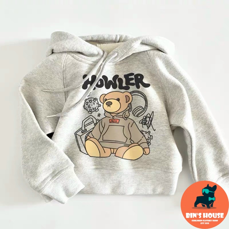 Áo đôi mẹ bé hoodie nỉ bông xám hình gấu BINSHOUSE