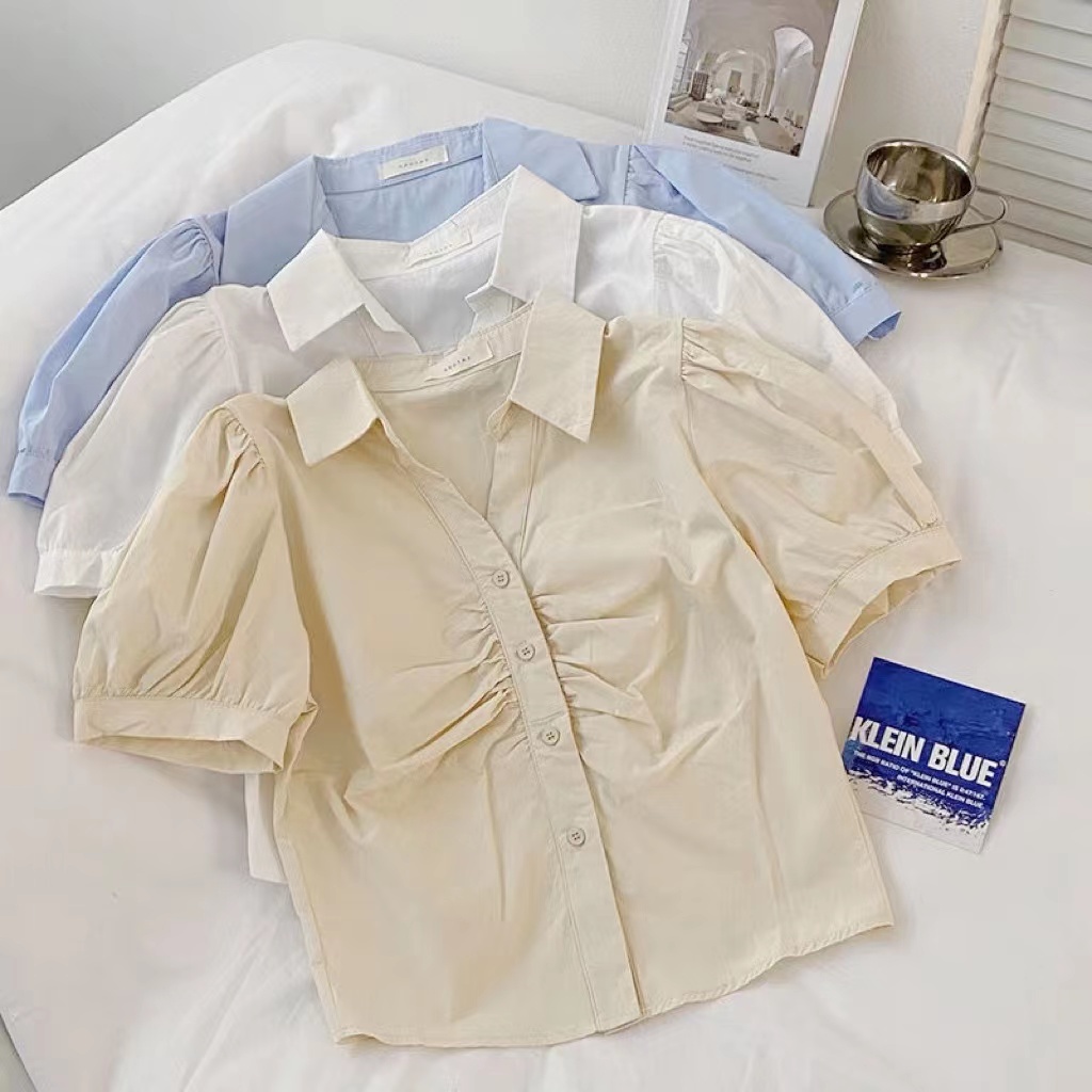 Áo sơ mi BH tay phồng ngắn xếp ly thời trang Hàn Quốc mới cho nữ