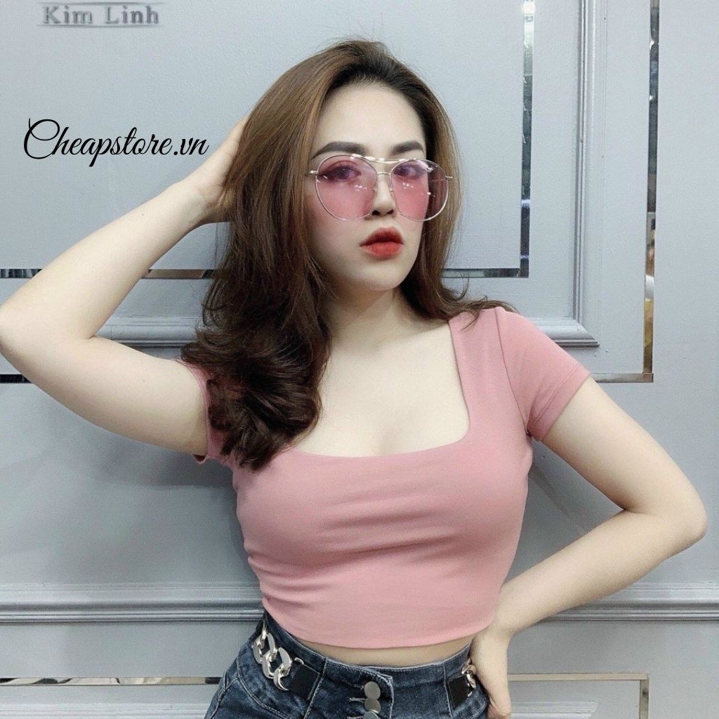 Áo thun croptop cổ U form ôm tay ngắn chất đẹp, hottren 2021 - Áo phông cổ U cộc tay chất zip  nhiều màu sắc A24