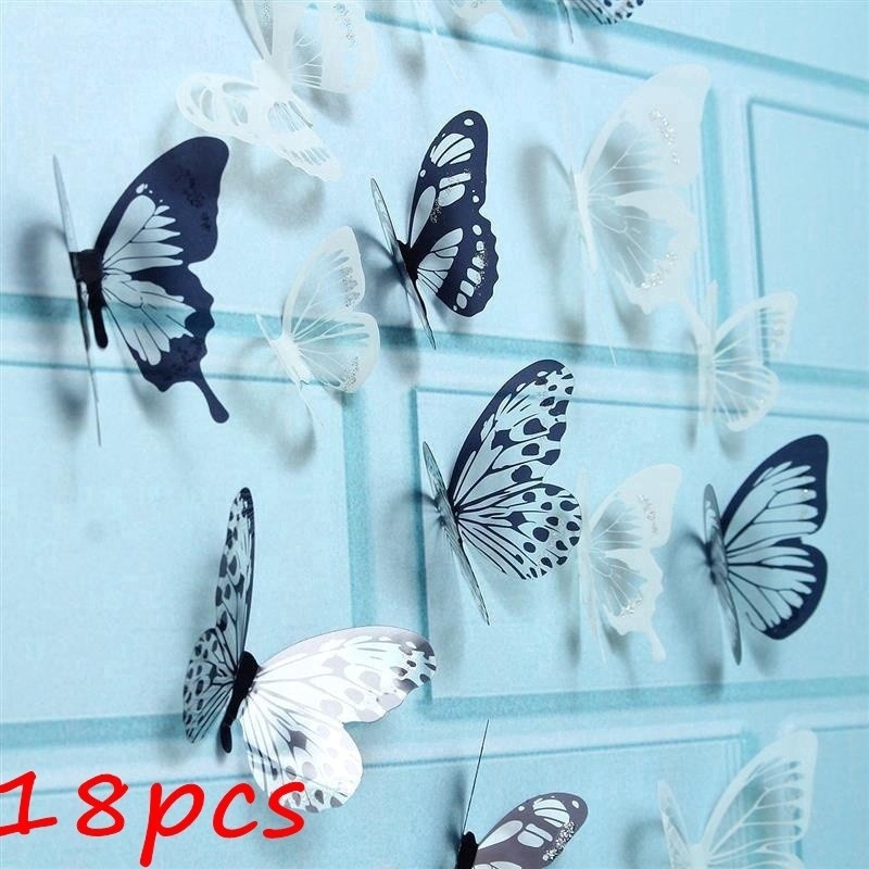 Bộ 18 Miếng Dán Tường Hình Bướm Đen/Trắng Pha Lê