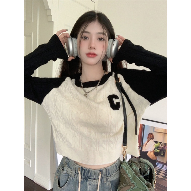 Áo Thun Lửng Tay Dài Màu Sắc Tương Phản Phong Cách Hàn Quốc Dành Cho Nữ