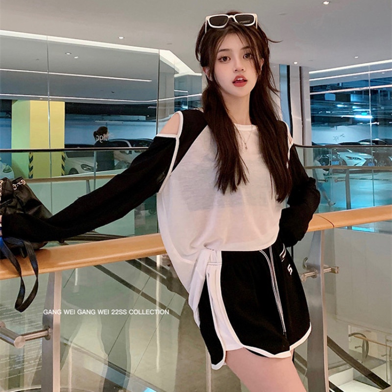 Áo Thun Tay Dài Dáng Rộng Hở Vai Phối Màu Tương Phản Thời Trang Mùa Hè Dành Cho