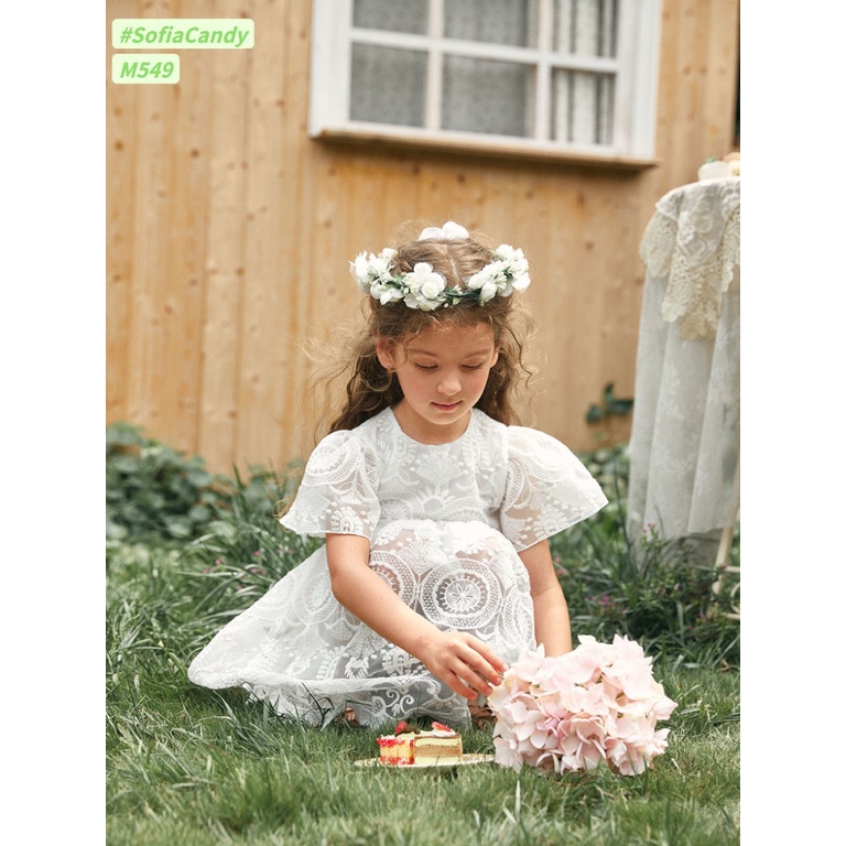 Đầm bé gái ren thêu trắng công chúa tiểu thư sang chảnh 10-40kg