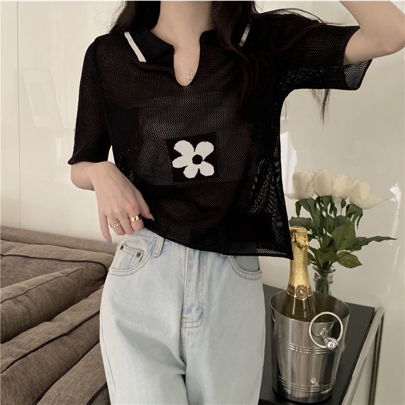 Áo Dệt Kim Tay Ngắn Cổ Chữ v In Họa Tiết Hoa Nhí Xinh Xắn Phong Cách Hàn Quốc Thời Trang Cho Nữ