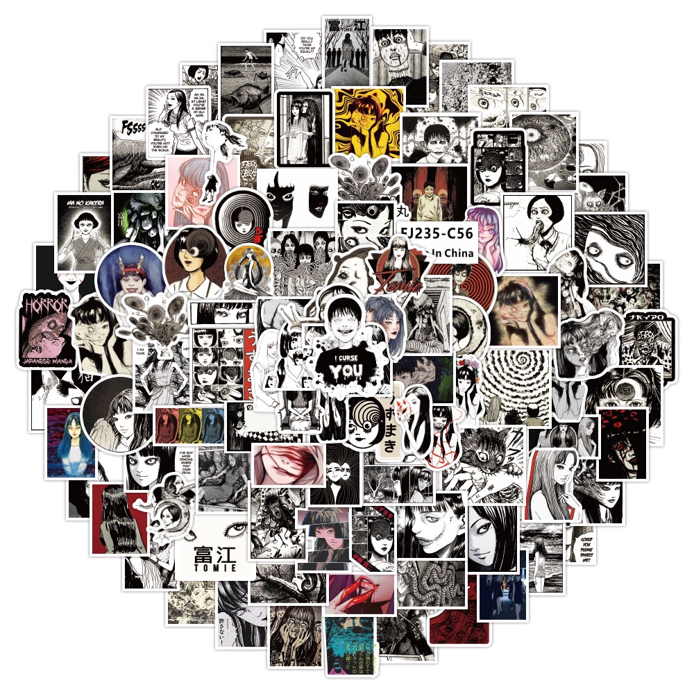Set 100/50 Nhãn Dán Họa Tiết Truyện Tranh Kinh Dị Nhật Bản Màu Trắng Đen Trang Trí Hành Lý/ Ván Trượt/ Laptop