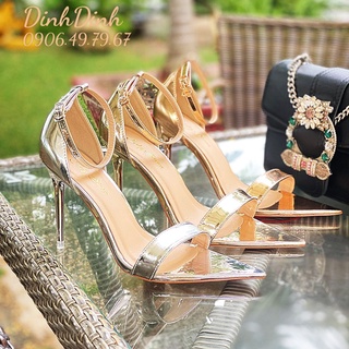 Giày Sandal cao gót nữ mũi nhọn, bản ngang đế nhọn cao 9cm chất da bóng đi tiệc sang trọng - DinhDinh Store