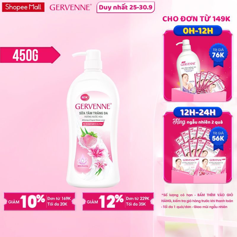 Sữa tắm trắng da hương nước hoa Gervenne Dâu Tây Bạch Tuyết và Lily Hồng (450G/chai)