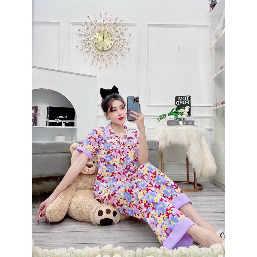 Đồ ngủ pyjama lụa quần dài tay cộc đồ bộ mặc nhà dễ thương