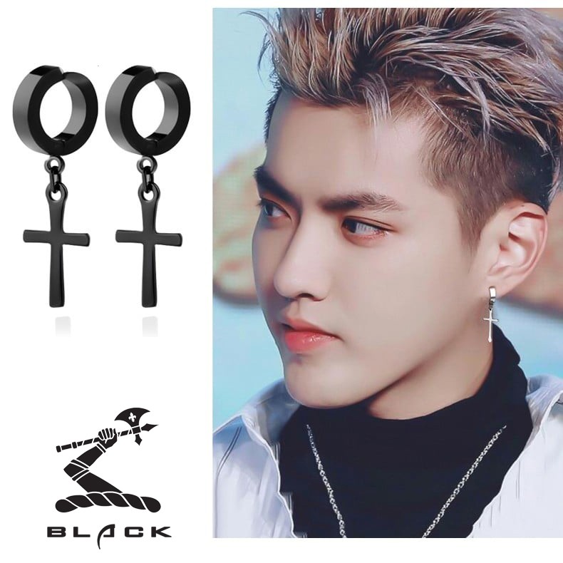 Khuyên Tai Black nam Kẹp hình chữ thập (1 chiếc)