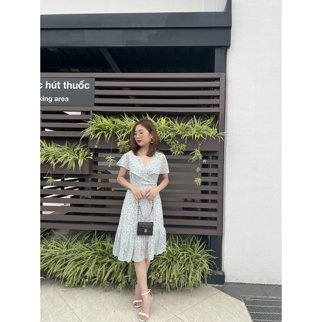 Đầm váy thiết kế đẹp hoa nhí vintage cổ V, tay cánh tiên chất Vải Chiffon cao cấp đi làm, đi chơi LFV04-HTDesign