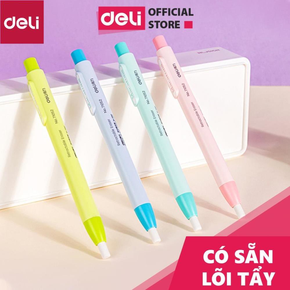 Tẩy chì dạng bút bấm Deli nhiều màu Hồng/ Xanh dương/ Xanh ngọc/ Vàng chanh - 71052 [Deli]