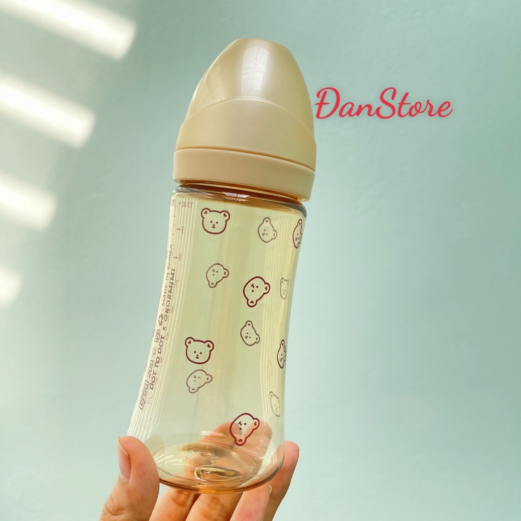 Bình sữa nhựa PPSU Hàn Quốc cho bé, Bình sữa hoạt tiết gấu bear size 200ml 300ml tùy chọn size núm tại HN, HCM