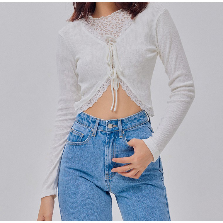 Áo Shebyshj cột dây phối ren tay dài màu trắng - White Mora Top