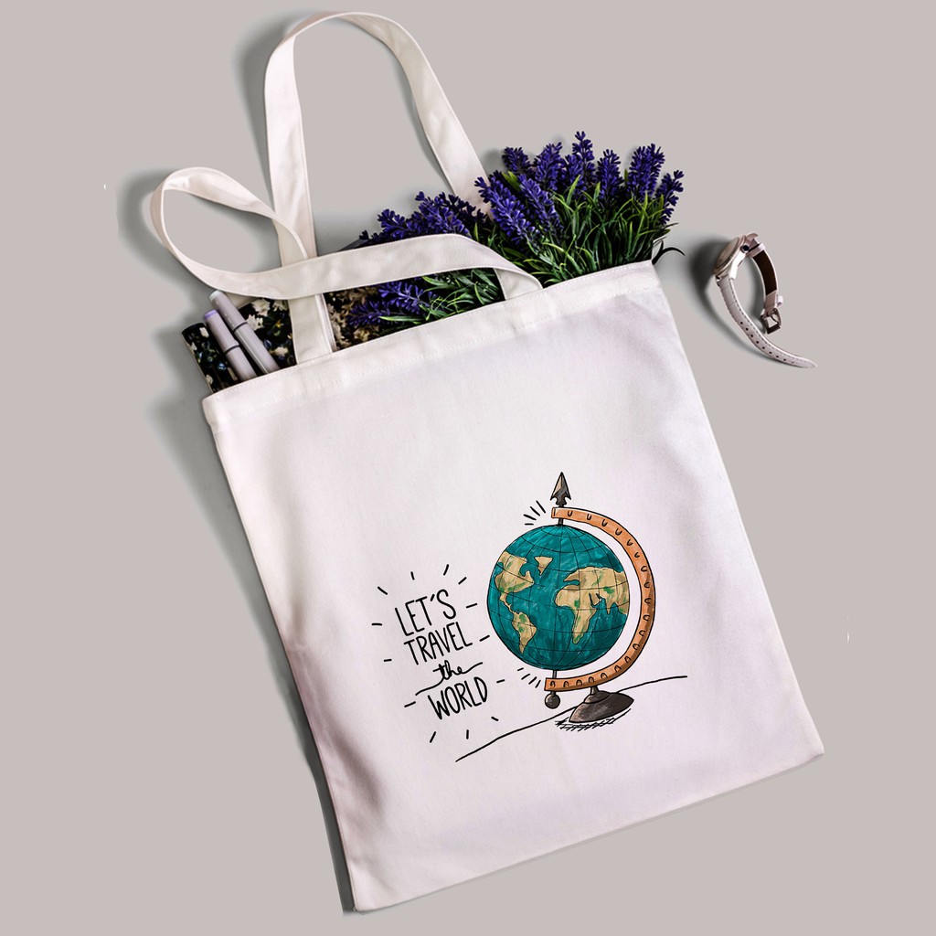 Túi Vải Tote Đeo Vai Đi Học Đi Làm TRAVEL THE WORLD - Túi Canvas Du Lịch Thời Trang mã TA029