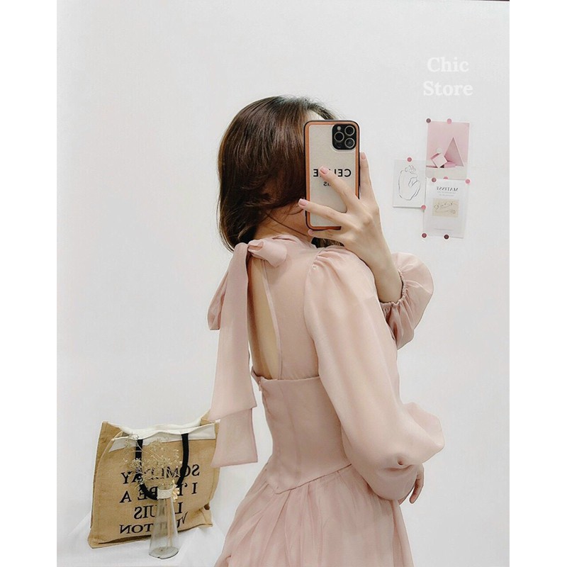 Đầm voan tiểu thư cổ cách điệu lưng cột dây sexy Đầm váy thiết kế Chic Store