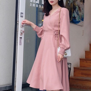 Đầm caro form dài đan dây eo