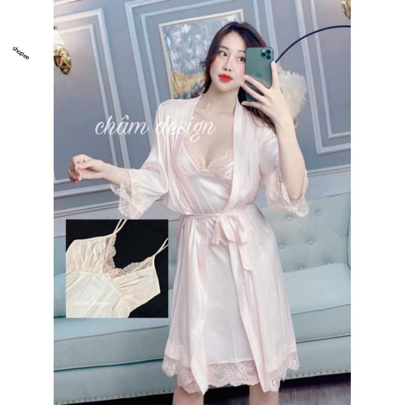 sét choàng và váy lụa ngủ phớt hồng( thiết kế độc quyền)