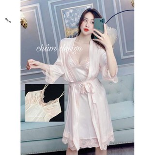 Sét choàng và váy lụa ngủ phớt hồng
