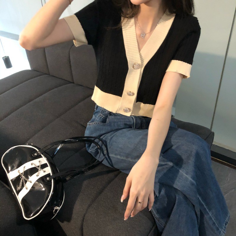 NZN Áo cardigan dệt kim cổ chữ V tay ngắn dáng rộng thời trang Hàn Quốc