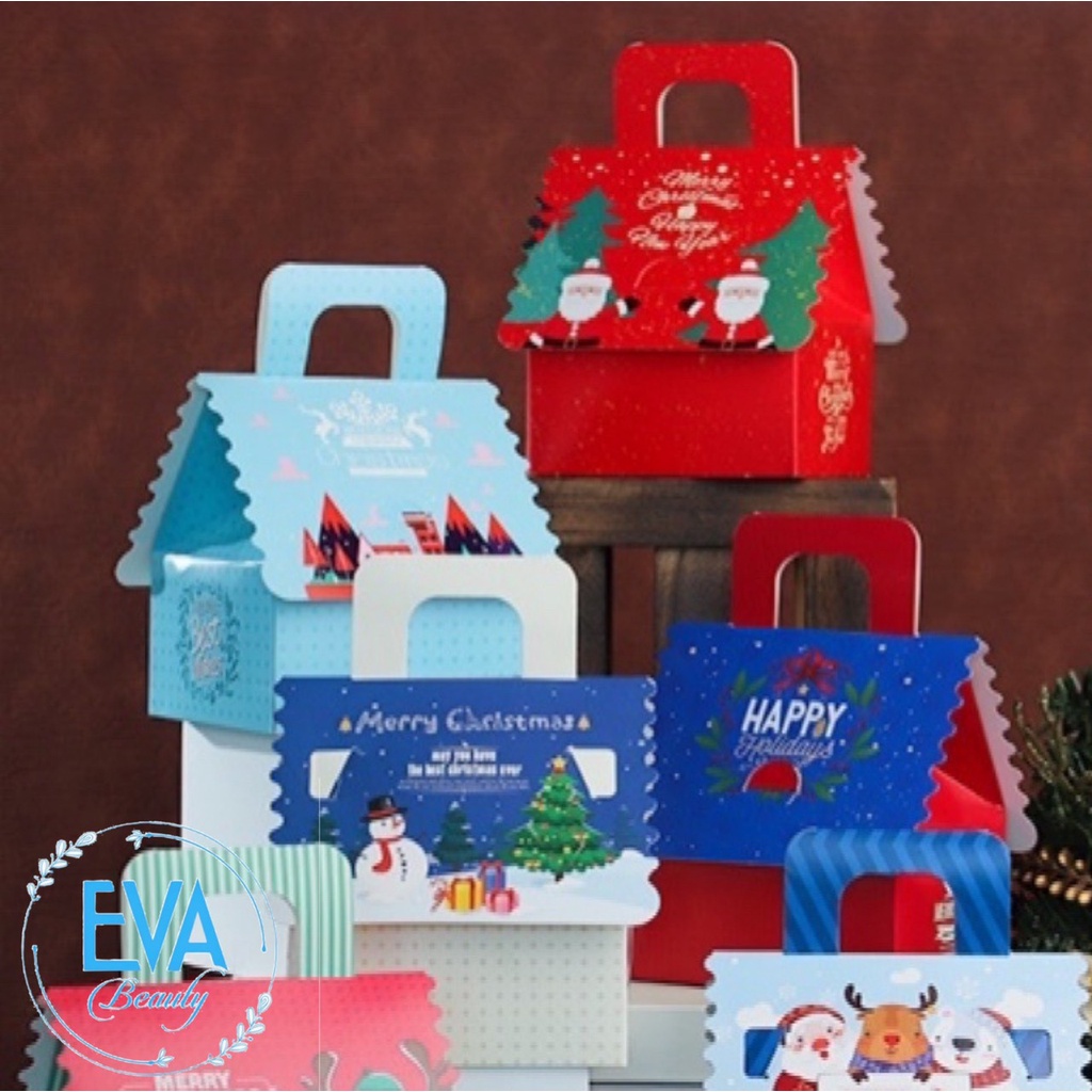 Set 10 Hộp Đựng Quà Noel In Hoạ Tiết Giáng Sinh Hình Ngôi Nhà Có Quai Xách Nhiều Mẫu M3529