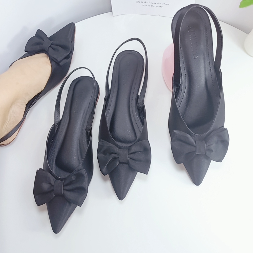 Giày nữ slingback thắt nơ lụa satin thanh lịch hè 2022-giày bệt nữ mũi nhọn mẫu mới bền đẹp giá tốt mã SLNGBACK