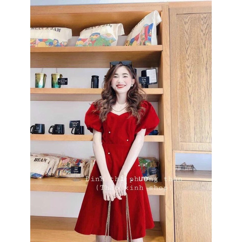 Đầm tay bồng đính ngọc dáng suông - Ảnh thật