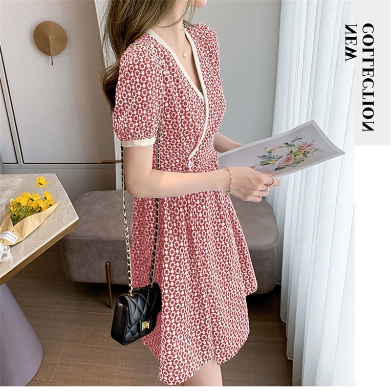 Đầm PERTY chiffon tay ngắn phồng cổ chữ V họa tiết hoa thời trang mùa hè 2022 mới dành cho nữ