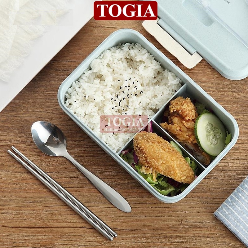 Hộp Cơm Lúa Mạch Chia Ngăn - Hôp Cơm Văn Phòng 3 Ngăn Kèm Đũa Thìa Sử Dụng Lò Vi Sóng An Toàn TOGIA