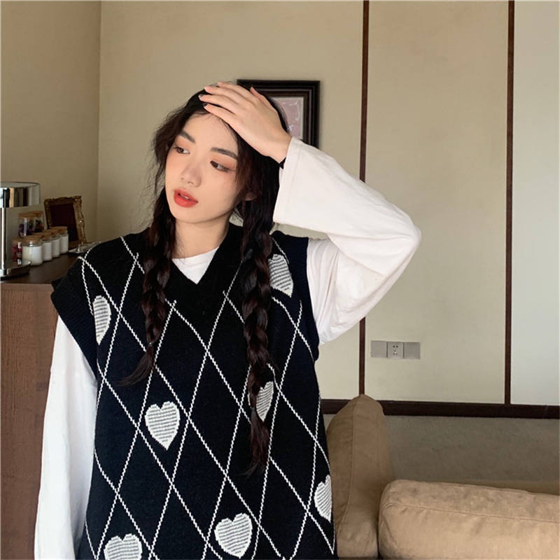 MỚI Áo sweater không tay cổ chữ v dáng rộng phong cách retro dành cho nữ