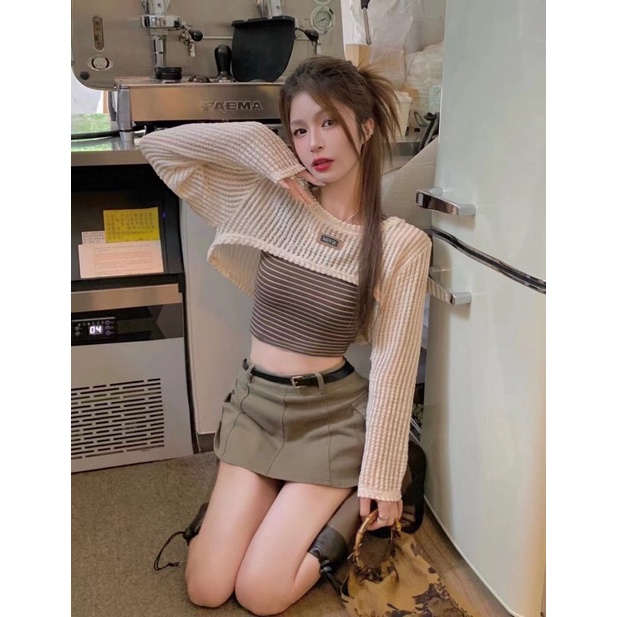 set áo dây kẻ kèm áo lưới