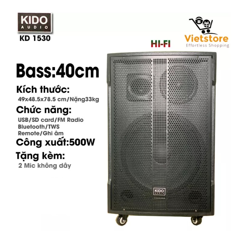 (Tặng kèm 2 Mic không dây xịn) Loa kéo Karaoke giá rẻ cao cấp KIDO KD-1530 Siêu bass bluetooth 4.2 âm thanh 3D