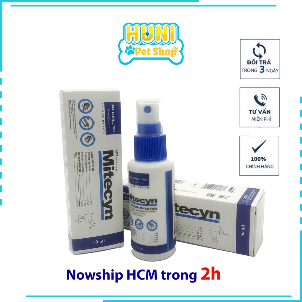 Mitecyn chai xịt ghẻ ngoài da cho chó mèo - chai Mytecin xịt viêm da cho thú cưng 50ml Huni Petshop