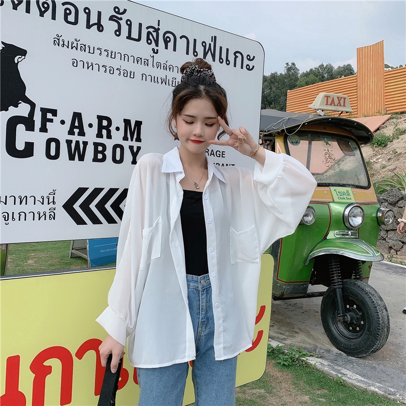 SUXI Áo Sơ Mi Trắng Vải Chiffon Tay Dài Chống Nắng Thời Trang Mùa Hè Cho Nữ