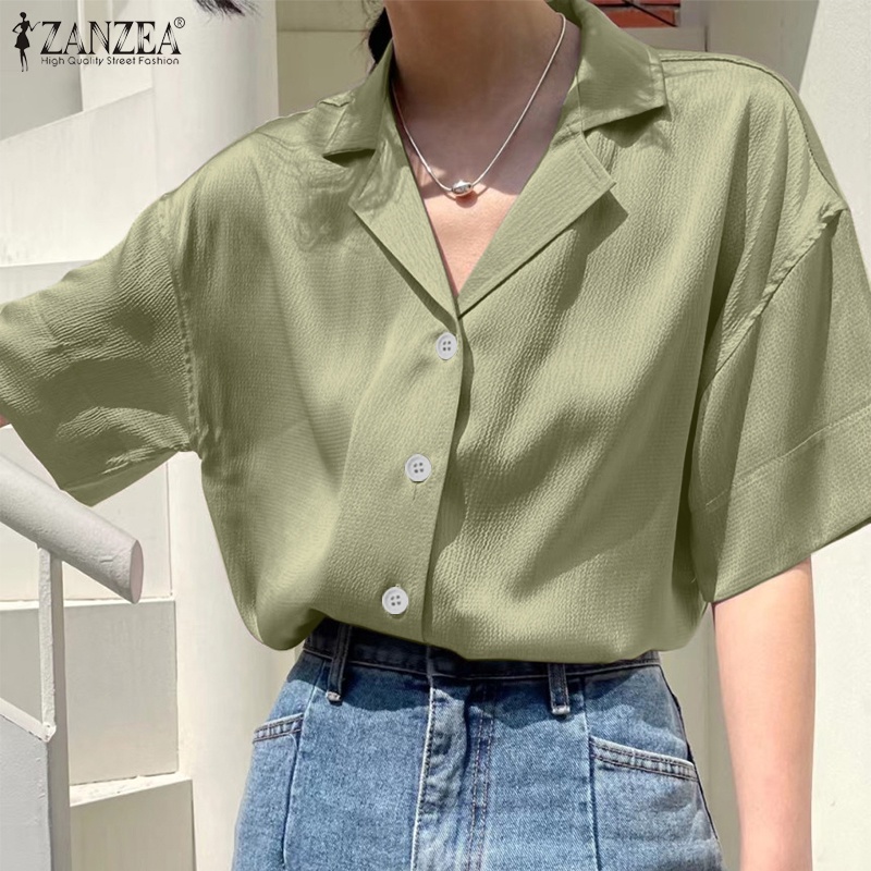 Áo sơ mi ZANZEA tay ngắn màu trơn phong cách Hàn Quốc cho nữ